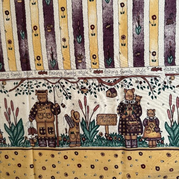 3 yards Vintage Cat Fishing Cotton Fabric Crafts Skirts Primitive Border - Picture 1 of 6